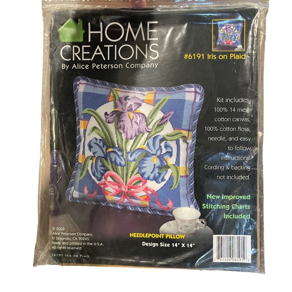 Home Creations By Alice Peterson Iris On Plaid Pillow Needlepoint Kit #6191 NEW